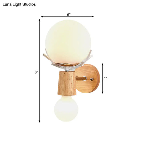 Modernist Wood Sconce With White Glass Shade - 2 Head Bedside Wall Lighting Fixture