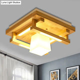 Modernist Wood Square Flush Mount Lighting With 1/4/9 Brown Led Lights And White Glass Cubic Shade