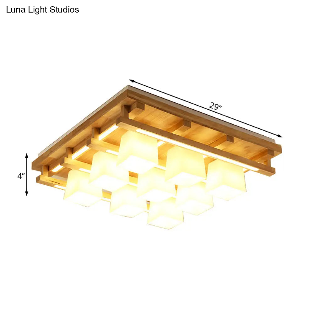 Modernist Wood Square Flush Mount Lighting With 1/4/9 Brown Led Lights And White Glass Cubic Shade