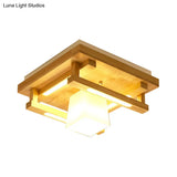 Modernist Wood Square Flush Mount Lighting With 1/4/9 Brown Led Lights And White Glass Cubic Shade