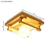Modernist Wood Square Flush Mount Lighting With 1/4/9 Brown Led Lights And White Glass Cubic Shade