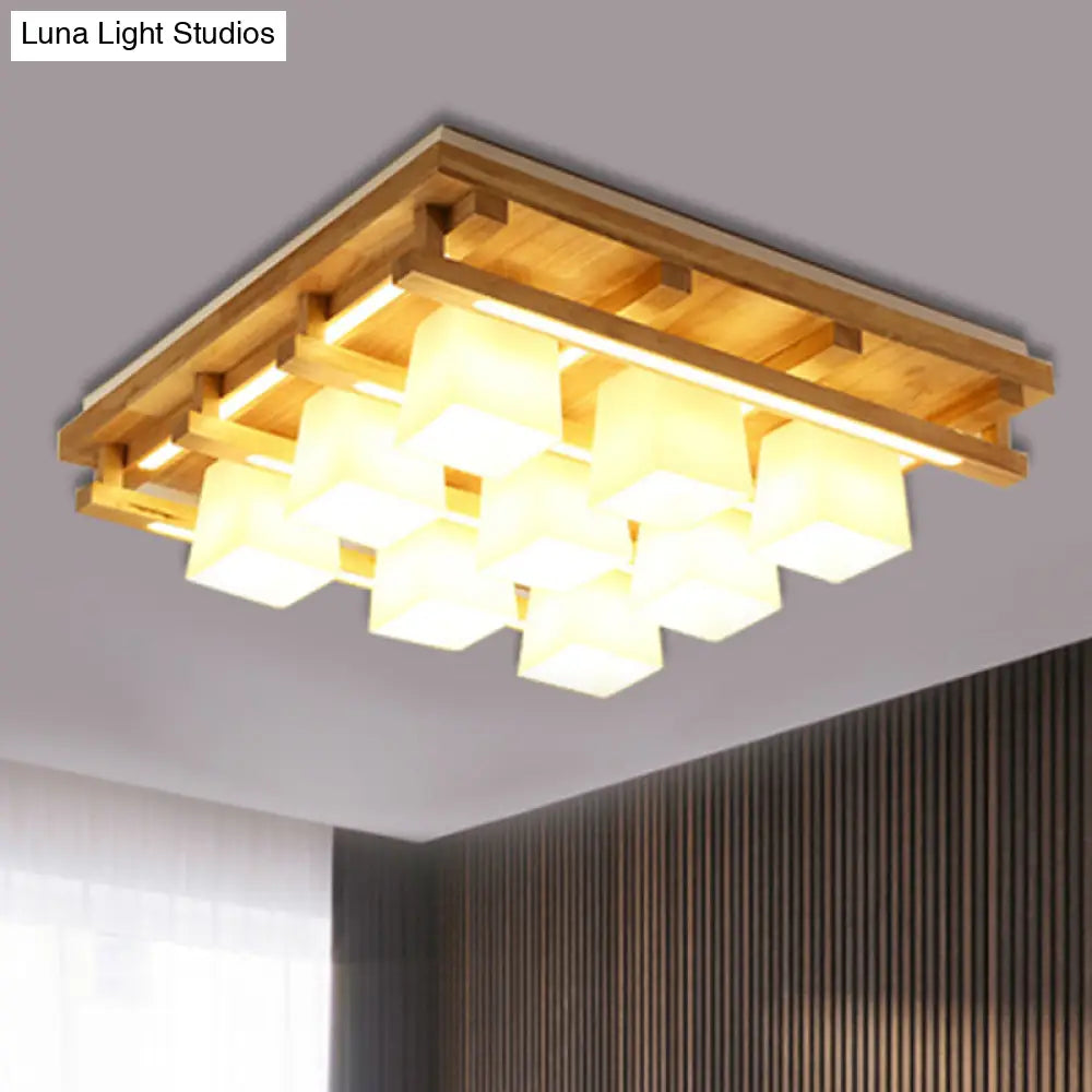 Modernist Wood Square Flush Mount Lighting With 1/4/9 Brown Led Lights And White Glass Cubic Shade