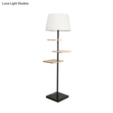Modernist Wood Square Panel Floor Lamp - Black Finish Fabric Shade