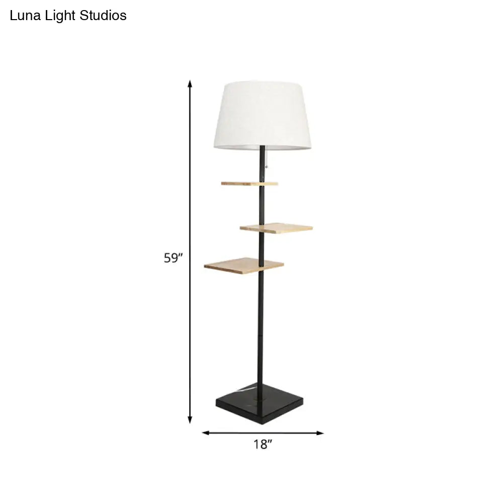 Modernist Wood Square Panel Floor Lamp - Black Finish Fabric Shade