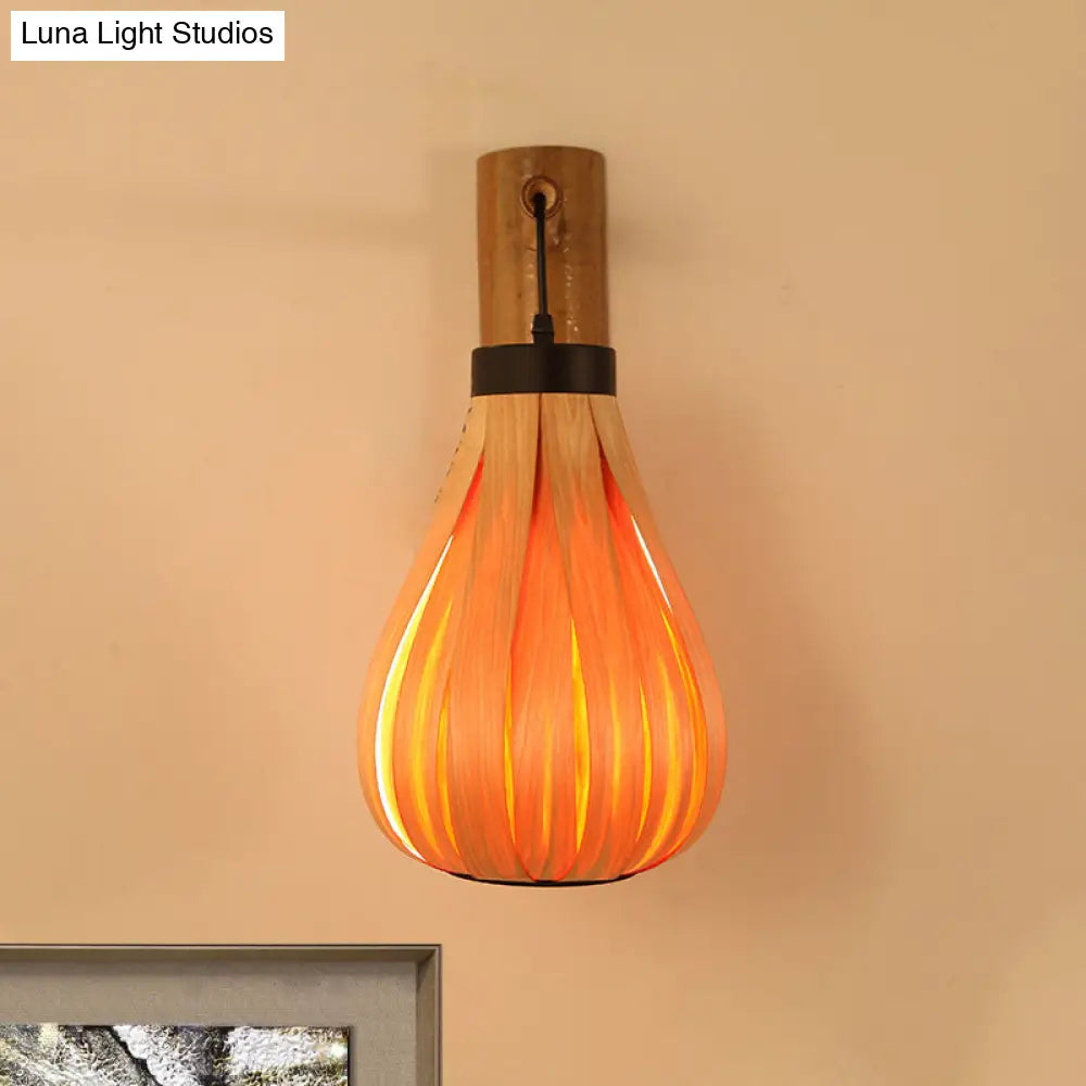 Modernist Yellow Teardrop Wall Sconce - 1 Light Wood Veneer Lamp For Foyer