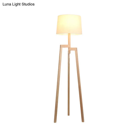 Modernistic White Reading Floor Lamp With Wooden Tripod - Elegant Fabric Standing Light