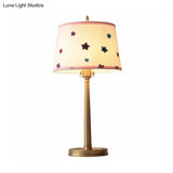 Monica - Modern Drum Fabric Table Lamp 1 Light Nightstand Lighting In Brass With Pentagram Pattern