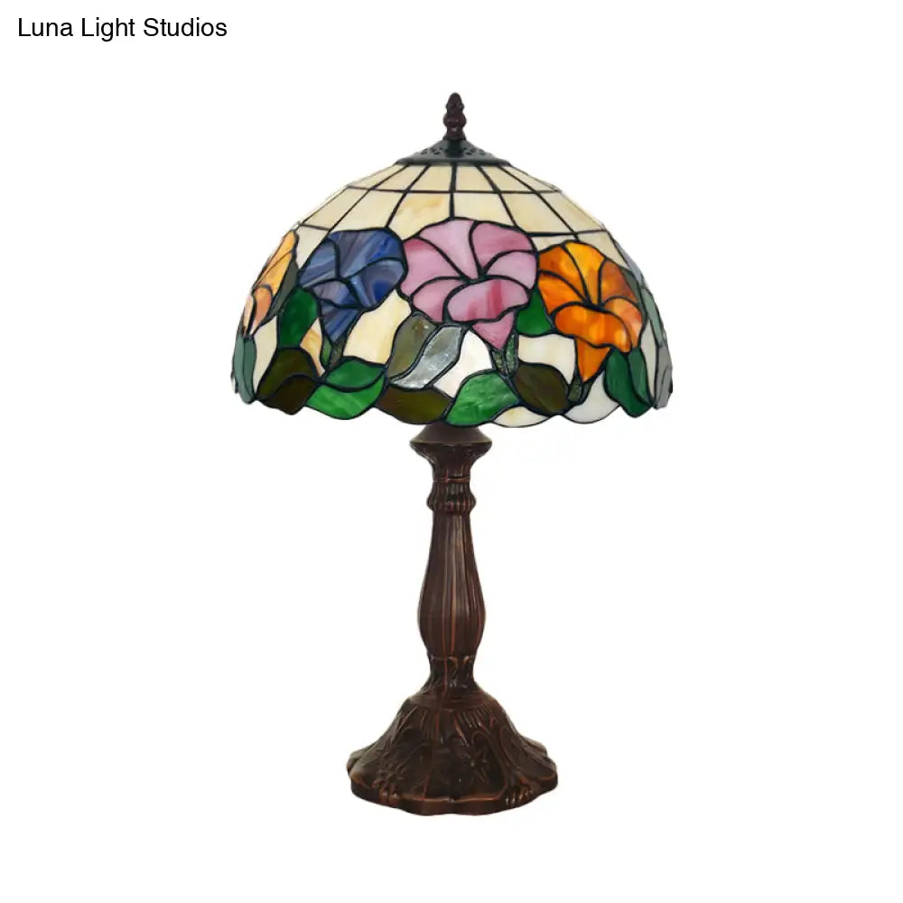 Morning-Glory Cut Glass Table Lamp: Tiffany Style Bronze Finish Single-Bulb Nightstand Light For