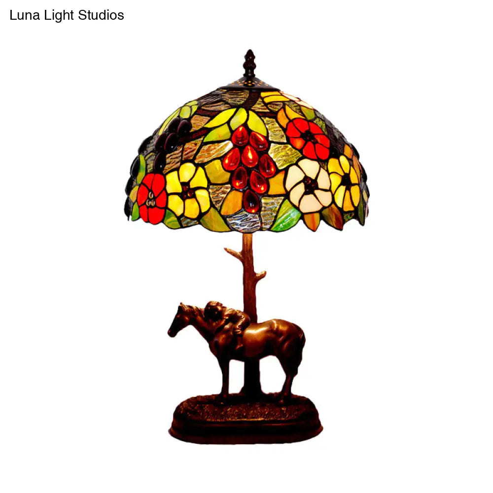 Morning Glory Stained Art Glass Tiffany Table Lamp With Horse Decor - Single Light Coffee Finish