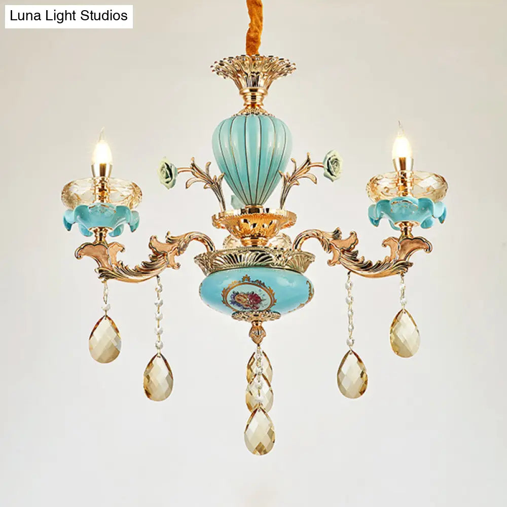 Moroccan Gold-Blue Ceramic Hanging Chandelier With K9 Crystal Drop - 3/6 Bulb Candelabrum Lamp