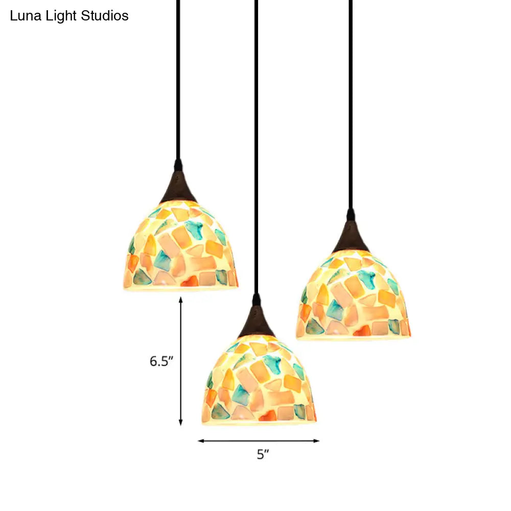 Mosaic Tile Shell Drop Tiffany-Style Pendant Lamp With Bell Shape Bronze Finish - 3 Bulbs