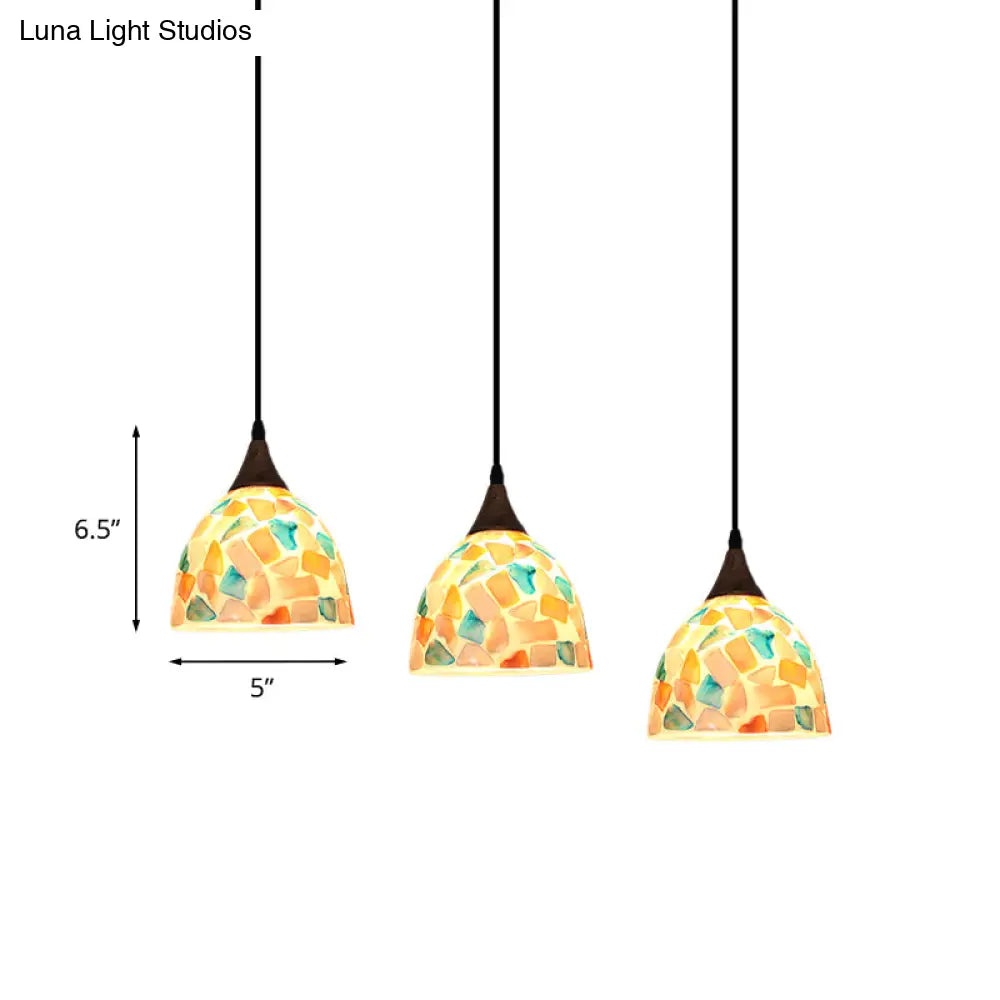 Mosaic Tile Shell Drop Tiffany-Style Pendant Lamp With Bell Shape Bronze Finish - 3 Bulbs