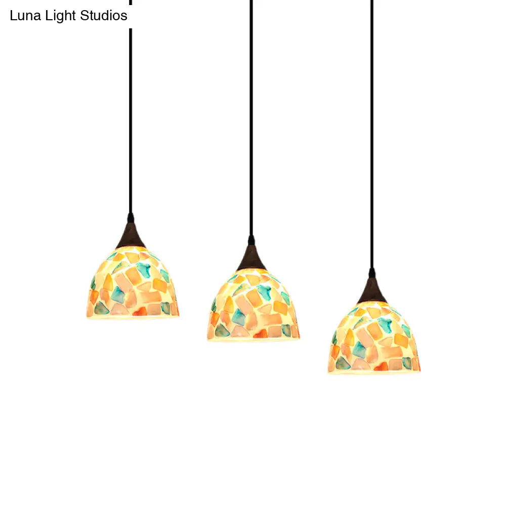 Mosaic Tile Shell Drop Tiffany-Style Pendant Lamp With Bell Shape Bronze Finish - 3 Bulbs
