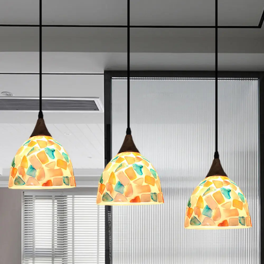 Mosaic Tile Shell Drop Tiffany-Style Pendant Lamp With Bell Shape Bronze Finish - 3 Bulbs