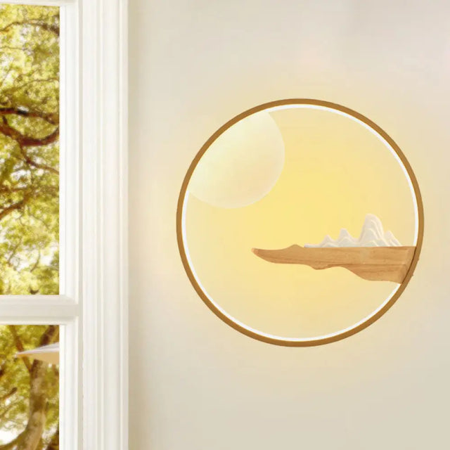 Mountain & Full Moon Wood-Black/Beige Led Sconce Light: Asian Wall Mural For Hotels Wood