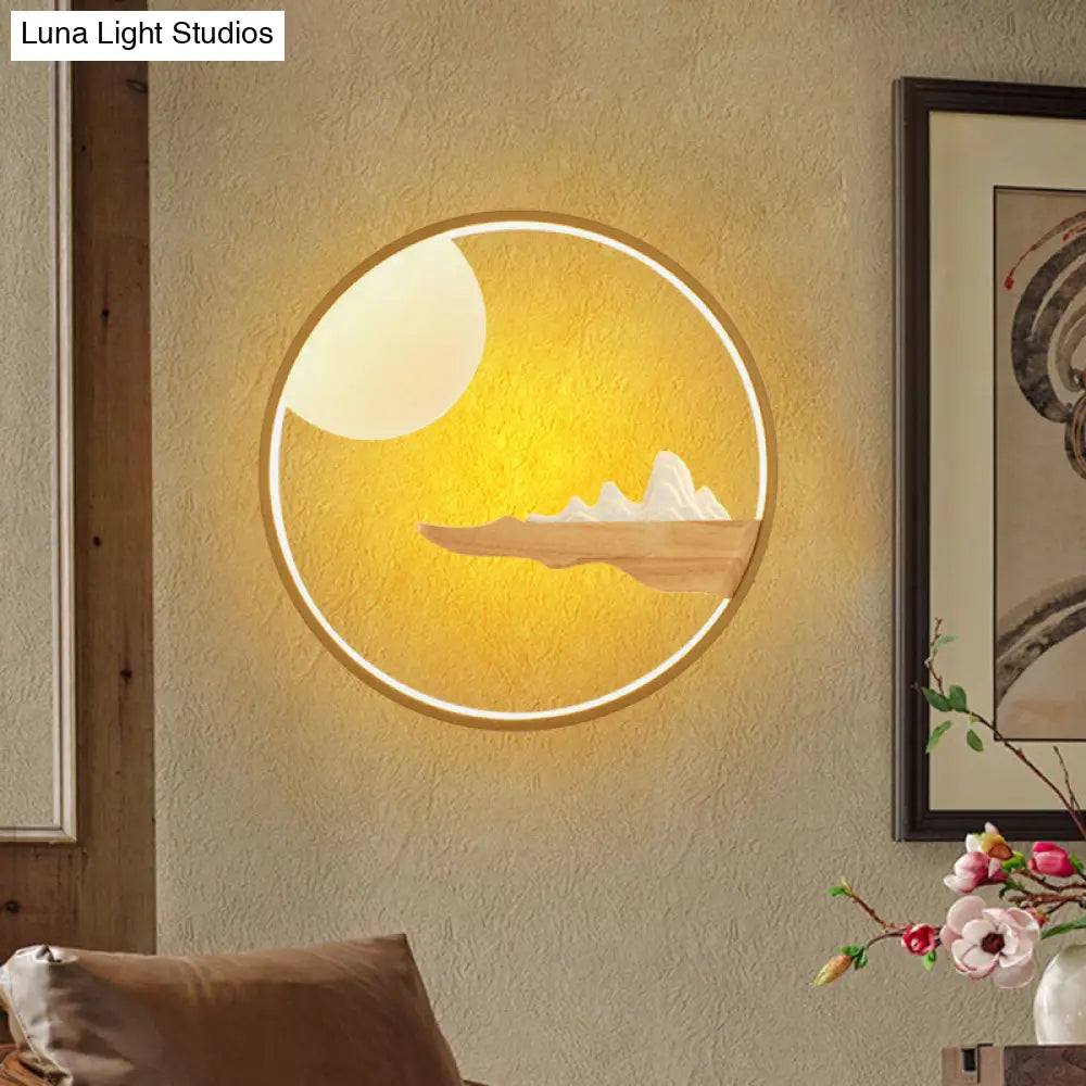 Mountain & Full Moon Wood-Black/Beige Led Sconce Light: Asian Wall Mural For Hotels