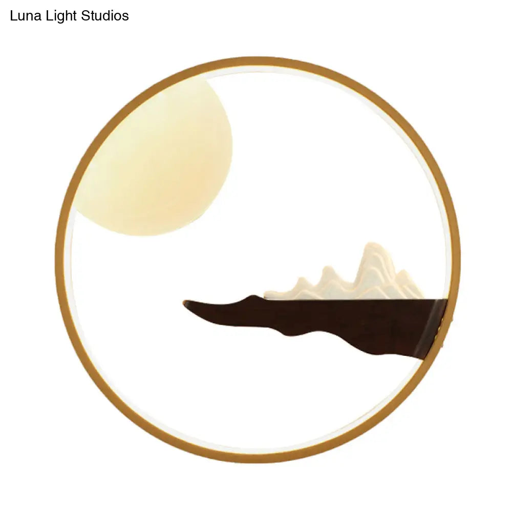 Mountain & Full Moon Wood-Black/Beige Led Sconce Light: Asian Wall Mural For Hotels