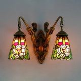 Multicolor Stained Glass Tiffany Wall Sconce Light Fixture With 2 Flared Heads Peacock Tail/Flower