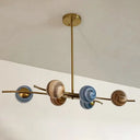 Multicolored Glass 6-Bulb Postmodern Chandelier In Gold For Dining Room - Planet Collection