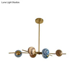 Multicolored Glass 6-Bulb Postmodern Chandelier In Gold For Dining Room - Planet Collection