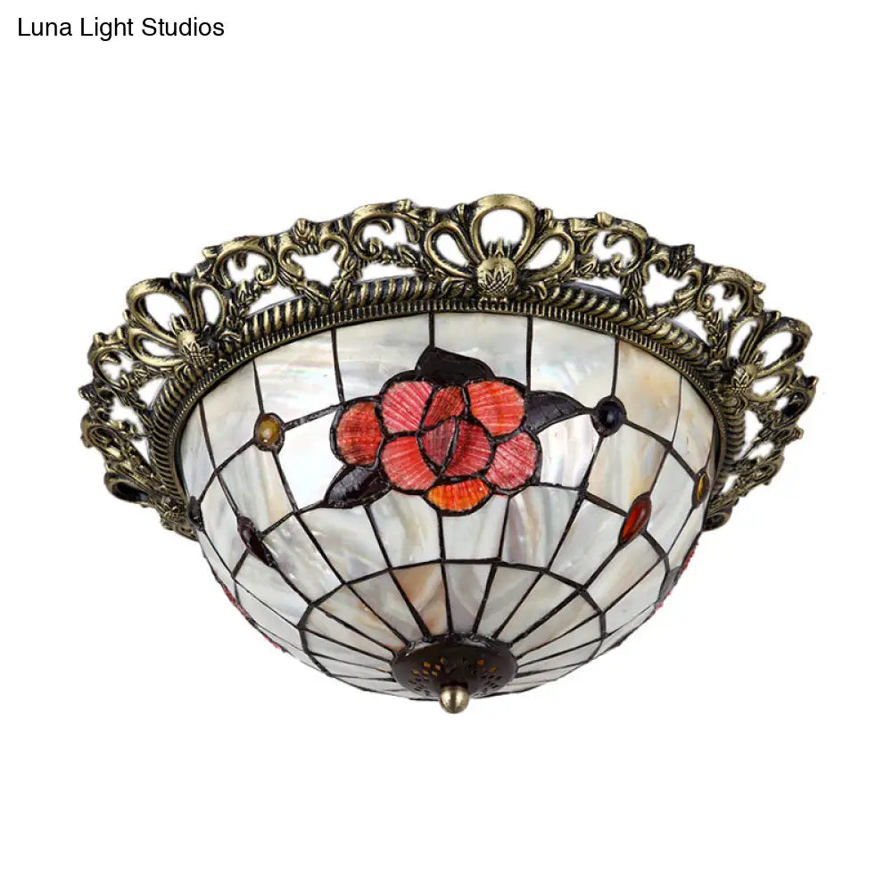 Natural Shell Baroque Flush Mount Ceiling Light With Gridded Hemispherical Design And Brass Finish