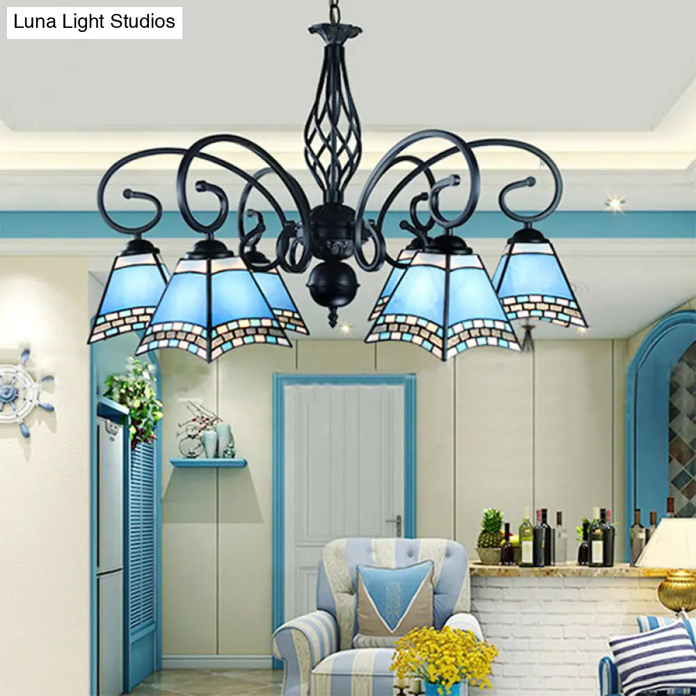 Nautical 6-Light Blue Glass Pyramid Ceiling Hanging Fixture For Living Room