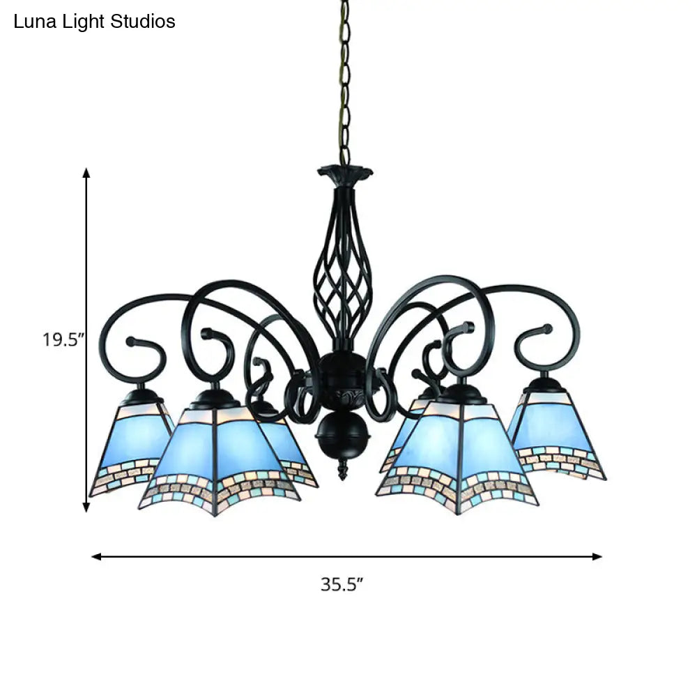 Nautical 6-Light Blue Glass Pyramid Ceiling Hanging Fixture For Living Room