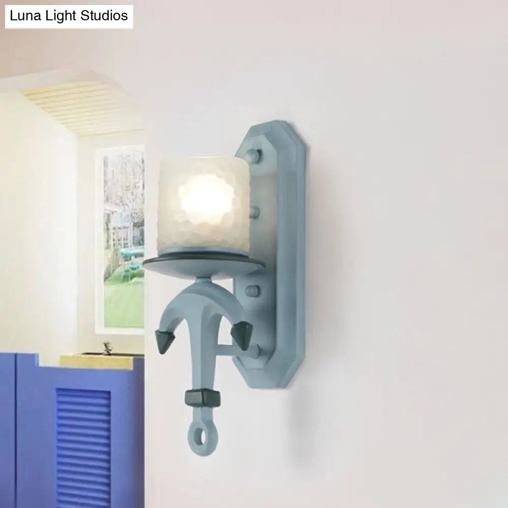 Nautical Blue Glass Cylinder Wall Light With Resin Anchor Deco - Mount Lamp