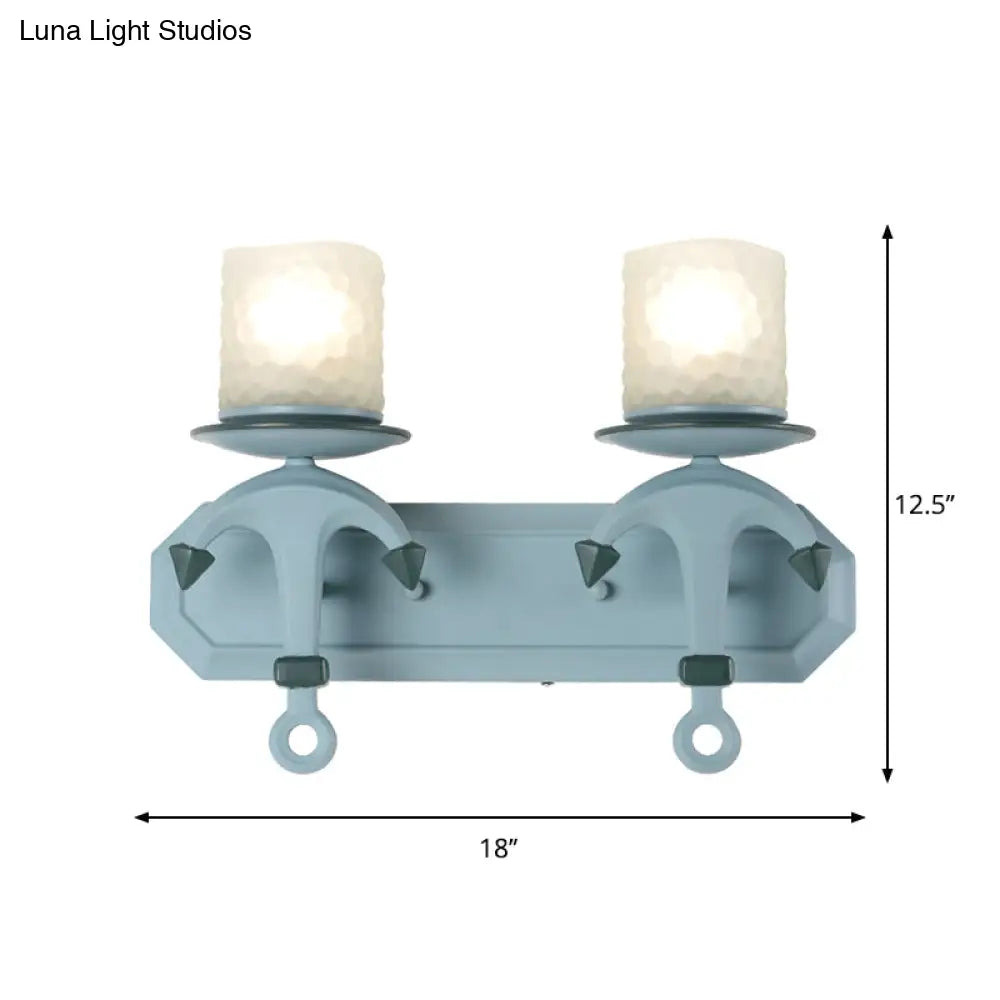 Nautical Blue Glass Cylinder Wall Light With Resin Anchor Deco - Mount Lamp