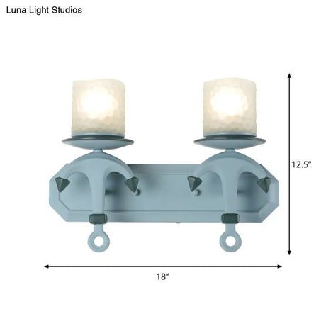 Nautical Blue Glass Cylinder Wall Light With Resin Anchor Deco - Mount Lamp