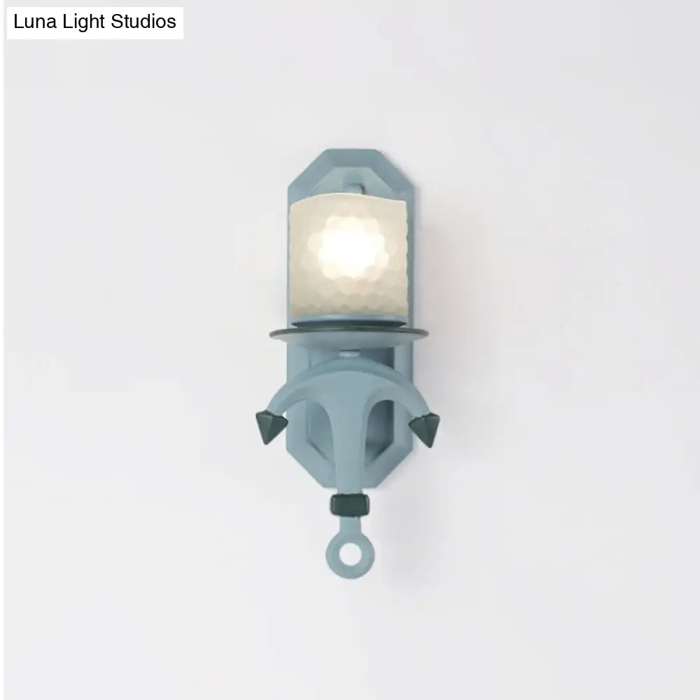 Nautical Blue Glass Cylinder Wall Light With Resin Anchor Deco - Mount Lamp