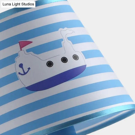 Nautical Blue Stripe Wall Sconce With Cartoon Ship - 1 Light Metal Fixture For Foyer