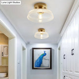Nautical Brass Glass Flush Ceiling Light With 1 Bulb - Small Size For Corridors