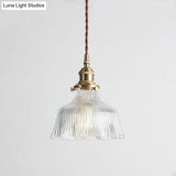 Nautical Brass Pendant Lamp - Clear Glass Pleated Design 1-Light Ceiling Fixture For Restaurants