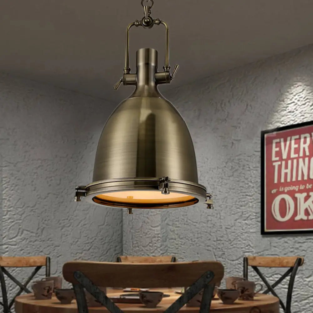 Nautical Brushed Brass Bell Pendant Light With Glass Diffuser - Dining Room Ceiling Fixture