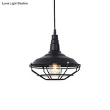 Nautical Iron 1-Light Black Pendant Lamp With Wire Cage - Barn Living Room Hanging Fixture