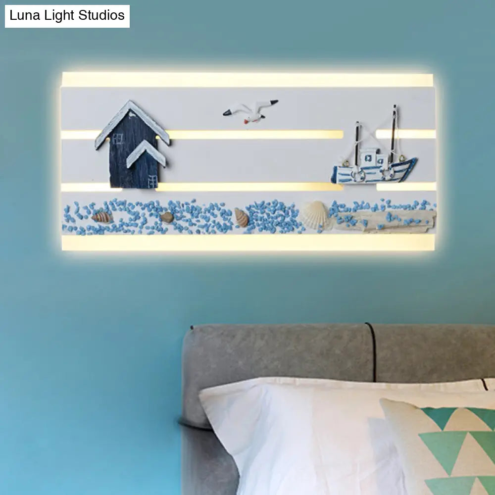 Nautical Led Wall Lamp With Wooden Panel For Kids Bedroom - Sea View Design In White