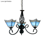 Nautical Pyramid Hanging Chandelier - Blue Glass Pendant Light With 3 Lights For Dining Room
