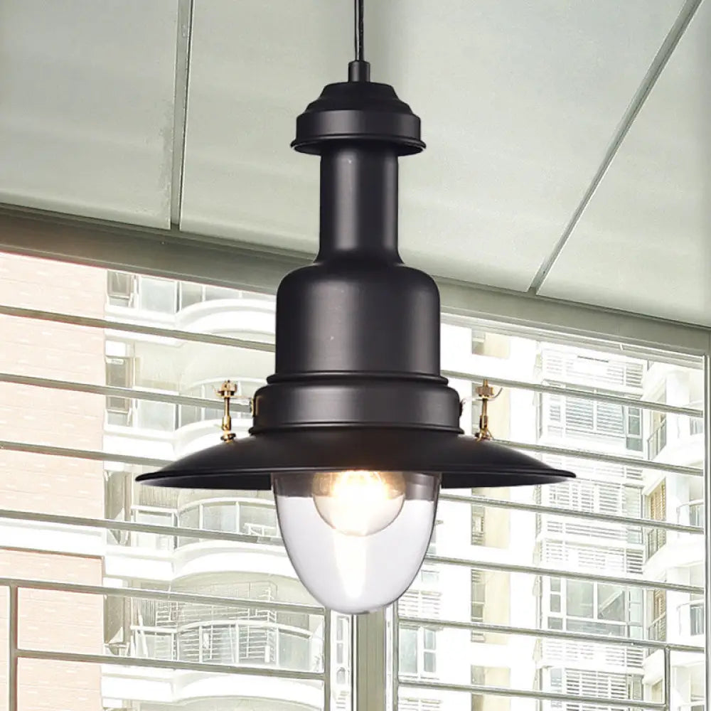 Nautical Style Flat Shade Pendant Lamp - 1 Light Metallic Suspended Black/White Finish For Kitchen
