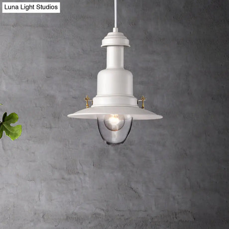 Nautical Style Flat Shade Pendant Lamp - 1 Light Metallic Suspended Black/White Finish For Kitchen