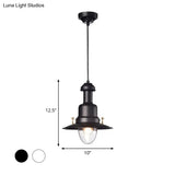 Nautical Style Flat Shade Pendant Lamp - 1 Light Metallic Suspended Black/White Finish For Kitchen