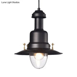 Nautical Style Flat Shade Pendant Lamp - 1 Light Metallic Suspended Black/White Finish For Kitchen