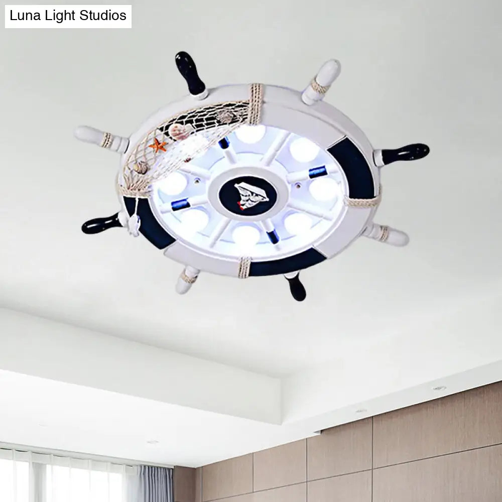 Nautical Style Flush Mount Light With Rudder Shape - 8 Lights Metal Ceiling Lamp For Nursing Room