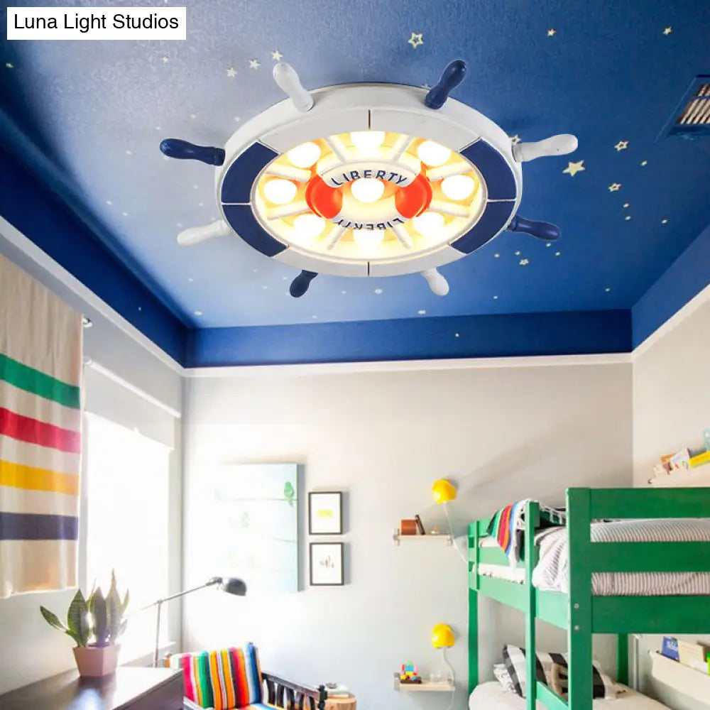 Nautical Style Led Blue Flush Ceiling Light With Rudder Wood Shade