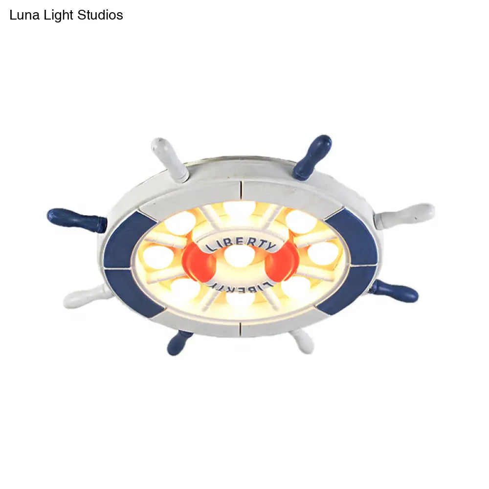 Nautical Style Led Blue Flush Ceiling Light With Rudder Wood Shade