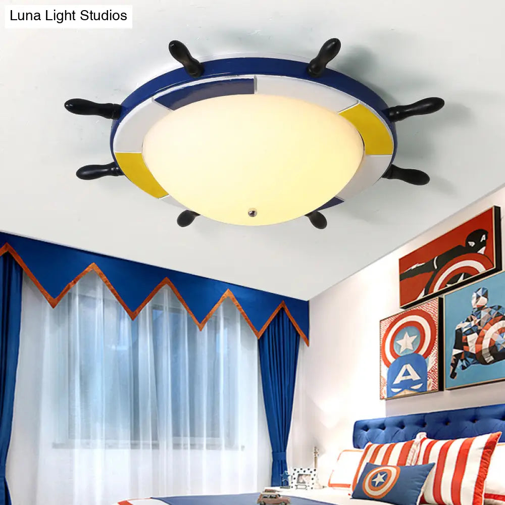 Nautical Style Led Wood Shade Flush Mount Ceiling Light - Blue Finish Dome/Rudder Design