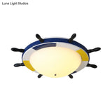Nautical Style Led Wood Shade Flush Mount Ceiling Light - Blue Finish Dome/Rudder Design