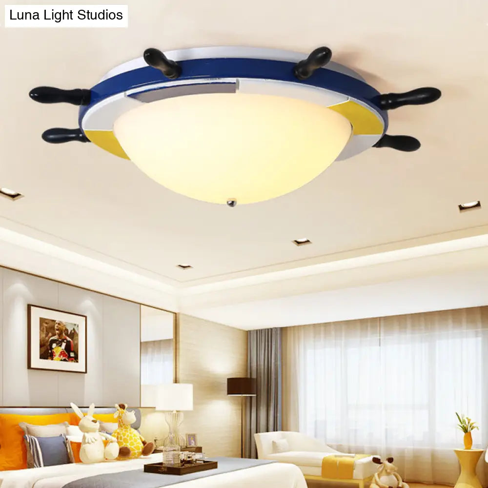 Nautical Style Led Wood Shade Flush Mount Ceiling Light - Blue Finish Dome/Rudder Design