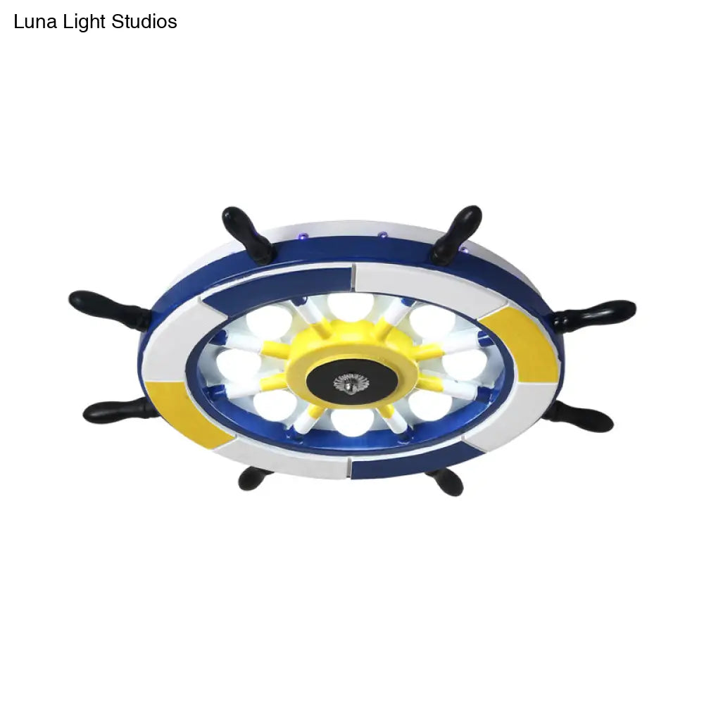 Nautical Style Led Wood Shade Flush Mount Ceiling Light - Blue Finish Dome/Rudder Design