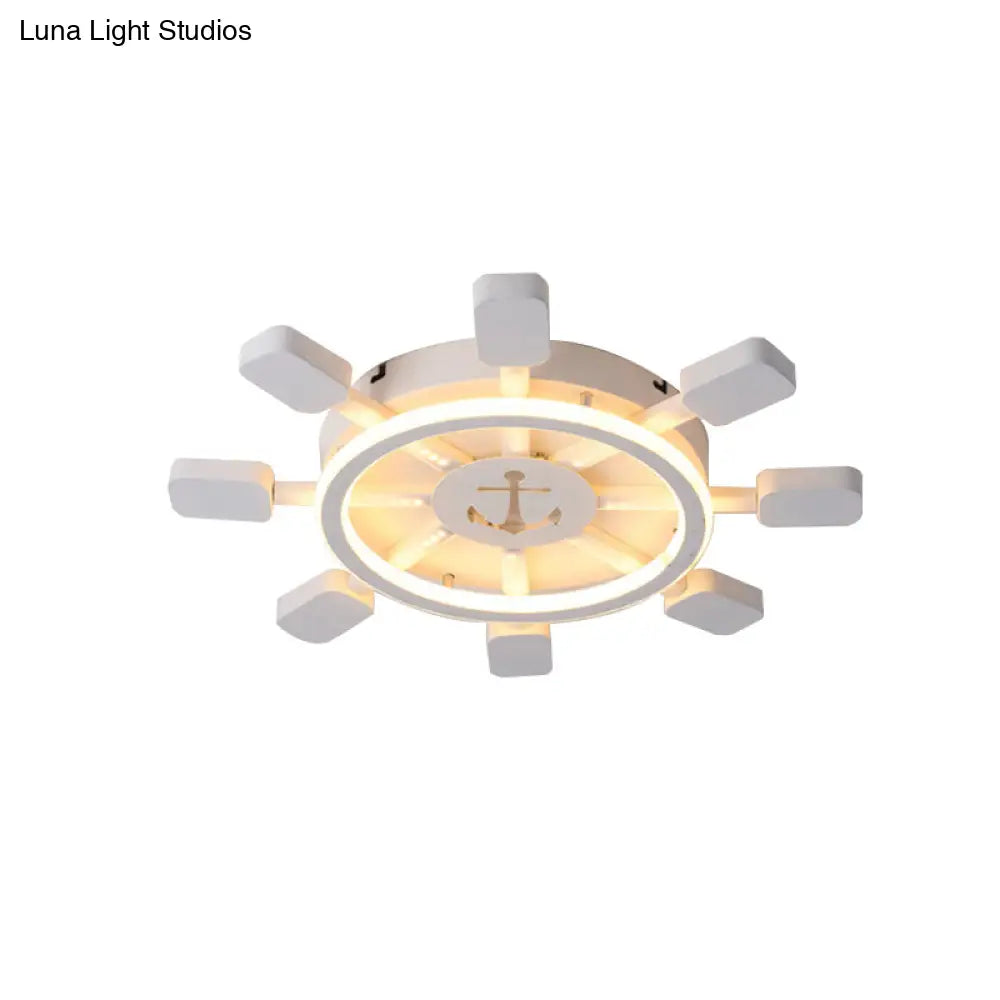Nautical White Flush Ceiling Lamp For Child’s Bedroom: Rudder Anchor Design